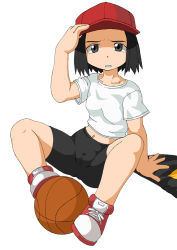 Rule 34 | 1girl, arm support, artist request, ball, baseball cap, basketball, basketball (object), bike shorts, black eyes, black hair, bleach, cameltoe, child, hat, highres, kurosaki karin, looking at viewer, midriff, navel, parted lips, simple background, sitting, skin tight, solo, spread legs, squinting, undressing, white background, wince