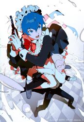 Rule 34 | 1boy, 1girl, apron, black dress, black pants, blue eyes, blue hair, bow, bowtie, btmr game, carrying, dress, gloves, gun, hair between eyes, highres, holding, holding gun, holding weapon, long sleeves, maid, maid headdress, open mouth, pants, persona, persona 4, shirogane naoto, shoes, short hair, shoulder carry, standing, sweat, tatsumi kanji, thighhighs, tile floor, tiles, twitter username, weapon, white thighhighs