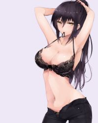 Rule 34 | 1girl, armpits, arms behind head, arms up, bare shoulders, black bra, black hair, black panties, black pants, blush, bra, breasts, cleavage, collarbone, hair between eyes, high ponytail, highres, hip focus, idolmaster, idolmaster shiny colors, lace, lace-trimmed bra, lace trim, large breasts, long hair, looking at viewer, mouth hold, navel, panties, pants, ponytail, ryuu., shirase sakuya, simple background, solo, strap gap, tying hair, unbuttoned, unbuttoned pants, underwear, yellow eyes