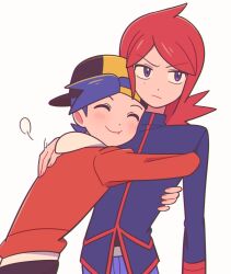 2boys :t backwards_hat chueog closed_eyes closed_mouth cowlick creatures_(company) ethan_(pokemon) game_freak hand_on_another&#039;s_back hat highres hug jacket long_hair male_focus multiple_boys nintendo pants parted_bangs pokemon pokemon_hgss purple_eyes red_hair red_jacket silver_(pokemon) simple_background white_background