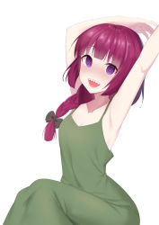 Rule 34 | 1girl, :d, @ @, absurdres, armpits, bare arms, batsuru, blush, bocchi the rock!, breasts, cleavage, dress, green dress, hair over shoulder, highres, hiroi kikuri, long dress, looking at viewer, open mouth, purple eyes, purple hair, sharp teeth, simple background, sitting, small breasts, smile, solo, spaghetti strap, stretching, teeth, upper teeth only, white background