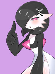 Rule 34 | 1girl, absurdres, alternate color, alternate shiny pokemon, black hair, black skin, blush, bob cut, bright pupils, colored skin, cowboy shot, creatures (company), ddingyong, ear blush, female focus, flat chest, game freak, gardevoir, gen 3 pokemon, hair ornament, hair over one eye, half-closed eyes, hand up, happy, highres, index finger raised, looking at viewer, multicolored skin, nintendo, one eye covered, open mouth, pink eyes, pokemon, pokemon (creature), purple background, shiny skin, short hair, simple background, smile, solo, standing, twitter x logo, two-tone skin, white pupils, white skin