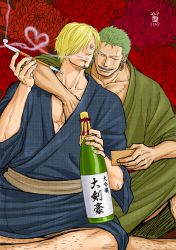 Rule 34 | 2boys, blue kimono, bottle, couple, earrings, facial hair, floral background, goatee, grabbing, green hair, green kimono, holding, holding bottle, japanese clothes, jewelry, kimono, kokorozashi, leg hair, crossed legs, long sideburns, looking at viewer, pectoral cleavage, male focus, mature male, multiple boys, one piece, partially undressed, pectoral grab, pectorals, roronoa zoro, sanji (one piece), scar, scar on chest, short hair, sideburns, single earring, smile, smoke, smoking, toned, toned male, yaoi