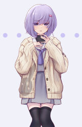 Rule 34 | ..., 1girl, a.i. voice, black thighhighs, black undershirt, bob cut, cardigan, commentary request, expressionless, feet out of frame, grey serafuku, hair ornament, hairclip, hakushi (empty blanc), hand on own chest, hands up, highres, hood, hood down, hooded cardigan, long sleeves, looking at viewer, neckerchief, open cardigan, open clothes, parted lips, pigeon-toed, purple eyes, purple hair, purple neckerchief, sailor collar, school uniform, serafuku, short hair, skirt, solo, straight-on, thigh gap, thighhighs, voiceroid, white background, white sailor collar, yellow cardigan, yuzuki yukari, yuzuki yukari (shizuku), zettai ryouiki