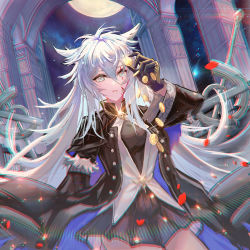 Rule 34 | 1girl, animal ears, arknights, arm up, black gloves, black jacket, black skirt, chain, chromatic aberration, coin, commentary request, female focus, full moon, glint, gloves, grey eyes, grey hair, hair between eyes, highres, holding, holding coin, jacket, lappland (arknights), locked boy, long hair, long sleeves, moon, night, night sky, open clothes, open jacket, parted lips, petals, pleated skirt, scar, scar across eye, shirt, skirt, sky, solo, star (sky), starry sky, very long hair, white shirt, wide sleeves