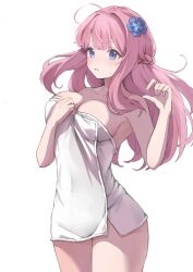 1girl absurdres ahoge blue_eyes blue_flower breasts cleavage collarbone covered_navel cowboy_shot flower hair_flower hair_ornament hand_up highres large_breasts long_hair long_sleeves naked_towel parted_lips pink_hair shiu_kyu simple_background solo towel white_background