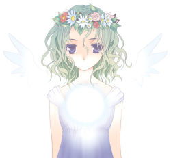Rule 34 | 1girl, blue eyes, character request, colored eyelashes, copyright request, curly hair, daisy, detached wings, flower, flower wreath, green hair, hair between eyes, head wreath, looking at viewer, no mouth, short hair, solo, takigawa yuu, upper body, white background, white wings, wings
