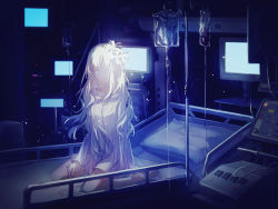 Rule 34 | 1girl, bed, blood, blood bag, chinese commentary, choker, commentary, english commentary, flower, glowing, glowing eyes, glowing flower, hair flower, hair ornament, highres, hospital, hospital bed, indoors, intravenous drip, iv stand, long hair, mechari, mixed-language commentary, monitor, on bed, original, pillow, screen light, sitting, solo, spider lily, wariza, white eyes, white hair