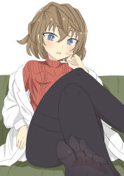 Rule 34 | 1girl, blue eyes, blush, brown hair, couch, feet, foot focus, haibara ai, highres, lab coat, looking at viewer, meitantei conan, miyano shiho, no shoes, pantyhose, parted lips, pov, sitting, soles, sweater, toes