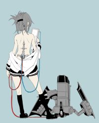 Rule 34 | 10s, 1girl, bad id, bad twitter id, bare shoulders, black socks, blue background, boushi-ya, cable, contrapposto, cyborg, folded ponytail, from behind, full body, hair ornament, hairclip, inazuma (kancolle), kantai collection, kneehighs, off shoulder, pleated skirt, school uniform, serafuku, simple background, skirt, socks, solo, spot color, standing, subdermal port, tablet pc