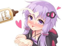 Rule 34 | 1girl, blush, chocolate, collarbone, cupping hands, hair ornament, heart, hood, hoodie, long sleeves, low twintails, musouzuki, open mouth, own hands together, phallic symbol, purple eyes, purple hair, sexually suggestive, smile, solo, suggestive fluid, twintails, upper body, vocaloid, voiceroid, white chocolate, white day, yuzuki yukari