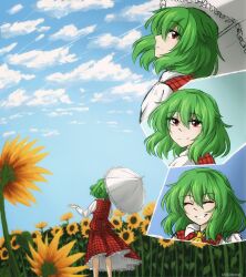 1girl absurdres ascot blue_sky cloud field flower flower_field green_hair hashtag-only_commentary highres kate_dragna kazami_yuuka long_sleeves outdoors parasol plaid_clothes plaid_skirt plaid_vest red_eyes red_skirt red_vest short_hair skirt sky smile standing sunflower touhou umbrella vest white_umbrella wide_shot yellow_ascot