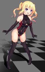 Rule 34 | 1girl, armpits, arms at sides, black thighhighs, blonde hair, bodysuit, boots, breasts, checkered floor, cleavage cutout, clothing cutout, colored eyelashes, covered collarbone, elbow gloves, enu naitsu, full body, gloves, grey background, hair between eyes, halterneck, highleg, highleg leotard, legs apart, leotard, neon trim, simple background, skin tight, solo, standing, thigh boots, thighhighs, twintails