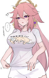 ... 1girl ? ?? alternate_costume animal_ears braid breasts character_print earrings fox_ears fox_girl genshin_impact hair_ornament highres jewelry large_breasts long_hair lumine_(genshin_impact) nyamo-lv0 pink_hair purple_eyes purple_shirt shirt short_shorts shorts solo spoken_ellipsis sweatdrop translation_request white_background white_shorts yae_miko