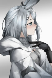Rule 34 | 1girl, absurdres, animal ear fluff, animal ears, ao oni (onioni-aoi), arknights, black gloves, blush, bright pupils, clothing cutout, commentary, elbow gloves, from side, frostnova (arknights), gloves, gradient background, grey background, grey eyes, grey hair, hair ornament, hairclip, hand on own neck, hand up, highres, hood, hood down, hooded jacket, jacket, light blush, long hair, looking ahead, nose blush, open mouth, profile, rabbit ears, rabbit girl, scar, scar on face, scar on nose, solo, turtleneck, upper body, white background, white jacket, white pupils