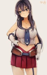 Rule 34 | 10s, 1girl, agano (kancolle), aqua eyes, belly grab, black hair, breasts, cleavage, collarbone, genyaky, gloves, kantai collection, large breasts, long hair, midriff, midriff peek, miniskirt, navel, pleated skirt, red skirt, skirt, twitter username, weight conscious