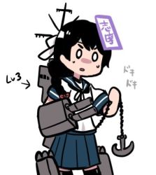 Rule 34 | &gt;:o, 1girl, :o, anchor, black hair, cannon, chain, commentary request, headband, kantai collection, lowres, o o, pleated skirt, rigging, sailor collar, school uniform, serafuku, simple background, skirt, solo, terrajin, torpedo tubes, uranami (kancolle), v-shaped eyebrows, white background