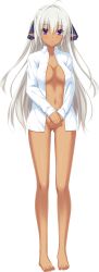 Rule 34 | 1girl, ahoge, barefoot, blouse, copyright request, dark-skinned female, dark skin, feet, full body, gluteal fold, highres, long hair, long sleeves, navel, no bra, no pussy, open clothes, open shirt, own hands together, pointy ears, purple eyes, shirt, silver hair, solo, standing, toes, transparent background, unbuttoned, v arms, white shirt