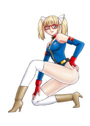 Rule 34 | 1girl, bare shoulders, bespectacled, blonde hair, blue eyes, boots, breasts, elbow gloves, fingerless gloves, full body, glasses, gloves, gundam, gundam card builder, highleg, highleg leotard, leotard, looking at viewer, medium breasts, military, military uniform, pantyhose, reiko holinger, see-through, see-through legwear, short hair, simple background, smile, solo, thighhighs, thighhighs over pantyhose, twintails, uniform, uraharukon, white thighhighs