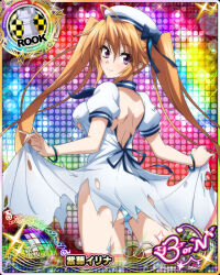 Rule 34 | 1girl, ahoge, ass, backless dress, backless outfit, bow, bracelet, breasts, brown hair, card (medium), chess piece, clothes lift, copyright name, dress, dress lift, hair between eyes, hat, high school dxd, high school dxd born, jewelry, lifted by self, looking at viewer, medium breasts, official art, panties, purple eyes, rook (chess), sailor dress, sailor hat, shidou irina, short sleeves, smile, solo, torn clothes, twintails, underwear