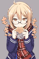 Rule 34 | 1girl, ahoge, artoria pendragon (all), artoria pendragon (fate), blonde hair, braid, commentary request, fate/grand order, fate (series), french braid, glasses, holding, jacket, lock heart (juuryokudou), long sleeves, looking at viewer, mysterious heroine x alter (fate), mysterious heroine x alter (first ascension) (fate), plaid, plaid scarf, red scarf, saber (fate), scarf, school uniform, semi-rimless eyewear, short hair, skirt, solo, under-rim eyewear, yellow eyes
