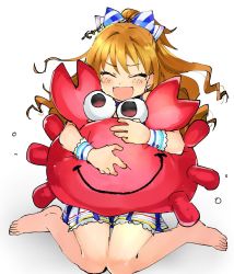 Rule 34 | 1girl, :d, ^ ^, anchor hair ornament, bare legs, barefoot, blush, bow, closed eyes, commentary, crab, dot nose, hair bow, hair ornament, half updo, hino akane (idolmaster), idol, idolmaster, idolmaster cinderella girls, idolmaster cinderella girls starlight stage, miridereningen, hugging object, open mouth, orange hair, ponytail, ringlets, simple background, sitting, skirt, smile, solo, stuffed toy, wariza, white background, wrist cuffs