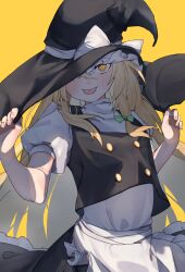 Rule 34 | 1girl, apron, black hat, black skirt, black vest, blonde hair, blush, bow, frilled apron, frills, hair between eyes, hat, hat bow, highres, kirisame marisa, long hair, pocche-ex, puffy short sleeves, puffy sleeves, shirt, short sleeves, simple background, skirt, solo, tongue, tongue out, touhou, vest, waist apron, white apron, white bow, white shirt, witch hat, yellow background, yellow eyes