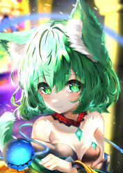 Rule 34 | 1girl, absurdres, animal ear fluff, animal ears, blurry, blurry background, breasts, cat ears, cat tail, cleavage, closed mouth, dfra, fang, green eyes, green hair, heart, heart-shaped pupils, highres, komeiji koishi, medium breasts, short hair, skin fang, smile, solo, symbol-shaped pupils, tail, third eye, touhou, upper body