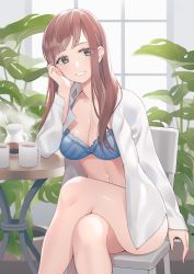 Rule 34 | 1girl, arm rest, bare legs, blue bra, bra, breasts, cleavage, coffee mug, collarbone, collared shirt, crossed legs, cup, grey eyes, highres, kitazawa (embers), lace, lace-trimmed bra, lace trim, light blush, long hair, long sleeves, looking to the side, medium breasts, mug, nail polish, no pants, open clothes, open shirt, original, plant, potted plant, red hair, revision, shirt, sitting, smile, solo, table, underwear, white shirt, window