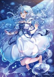 Rule 34 | 1girl, :d, ahoge, alternate costume, anklet, artist request, barefoot, blue hair, blush, bracelet, braid, breasts, colored tips, detached sleeves, dress, elf, french braid, full body, hair between eyes, half updo, heart, heart ahoge, highres, hololive, jewelry, long hair, looking at viewer, medium breasts, multicolored hair, open mouth, pointy ears, puffy detached sleeves, puffy short sleeves, puffy sleeves, second-party source, see-through silhouette, short sleeves, smile, solo, strapless, strapless dress, streaked hair, teeth, underbutt, upper teeth only, virtual youtuber, white dress, yellow eyes, yukihana lamy