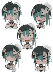 Rule 34 | 1girl, :t, bibi-chan (ebimomo), black bow, black neckwear, bow, bowtie, bun cover, chibi, closed mouth, ebimomo, expressions, green hair, hair between eyes, hair bun, highres, looking at viewer, multiple views, object through head, open mouth, original, pout, screw in head, simple background, single hair bun, smile, smug, sweat, white background, wide-eyed