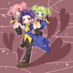 Rule 34 | 00s, 1boy, 2girls, blue eyes, blue hair, coat, droite (tales), frills, gauche (tales), gloves, green hair, heart, long hair, multiple girls, pants, red eyes, red hair, shoes, smile, tales of (series), tales of vesperia, twintails, yeager (tales)