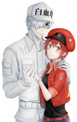 Rule 34 | 1boy, 1girl, bad id, bad pixiv id, baseball cap, belt, black eyes, black shirt, character name, closed mouth, colored skin, couple, gloves, hair over one eye, holding hands, hand on another&#039;s shoulder, hat, hataraku saibou, jacket, long sleeves, looking at viewer, military jacket, open clothes, open jacket, print headwear, red belt, red hair, red headwear, red jacket, shirt, short hair, short sleeves, silver hair, smile, standing, upper body, white background, white gloves, white headwear, white jacket, white skin, yellow eyes, yomiyomi p