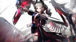 Rule 34 | 1girl, absurdres, alternate costume, arknights, arm behind back, belt, black jacket, black skirt, breasts, brown eyes, cleavage, commentary request, cowboy shot, dual wielding, epaulettes, grey hair, gun, head wings, highres, holding, holding gun, holding sword, holding weapon, irene (arknights), jacket, long hair, long sleeves, looking at viewer, miniskirt, mixed-language commentary, no bra, one eye closed, open clothes, open jacket, parted lips, pencil skirt, ponytail, rapier, ribiadan, scar, scar across eye, scar on face, sheath, simple background, skeleton, skirt, small breasts, smile, solo, sword, thigh strap, unsheathed, waist cape, weapon, white background, wings