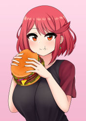 Rule 34 | 1girl, bob cut, breasts, burger, earrings, highres, jewelry, large breasts, looking at viewer, pyra (xenoblade), red eyes, red hair, smile, solo, the only shoe, xenoblade chronicles (series), xenoblade chronicles 2