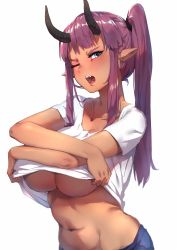 Rule 34 | 1girl, absurdres, blue eyes, blush, breasts, clothes lift, dark-skinned female, dark skin, demon girl, highres, horns, large breasts, lifting own clothes, long hair, midriff, mr.lime, navel, no bra, one eye closed, original, pointy ears, purple hair, shirt lift, side ponytail, sidelocks, simple background, solo, underboob, undressing, white background