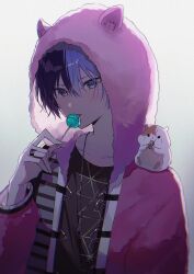 Rule 34 | 1boy, animal, animal hood, animal on shoulder, awakening beat (project sekai), beat eater (vocaloid), blue hair, candy, commentary request, dark blue hair, food, gradient background, grey eyes, hair between eyes, hamster, hand up, highres, holding, holding candy, holding food, holding lollipop, hood, hood up, hooded jacket, jacket, jewelry, jishio, lollipop, long sleeves, looking at viewer, male focus, mole, mole under eye, multicolored hair, necklace, official alternate costume, project sekai, ring, short hair, solo, split-color hair, two-tone hair, upper body