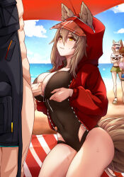 Rule 34 | 1boy, 3girls, absurdres, amiya (arknights), animal ears, arknights, beach, black one-piece swimsuit, blush, breast hold, breasts, censored, doctor (arknights), erection, grey hair, hetero, highres, jacket, kal&#039;tsit (arknights), large breasts, long hair, long sleeves, male doctor (arknights), mosaic censoring, multiple girls, naked jacket, official alternate costume, one-piece swimsuit, open clothes, open jacket, outdoors, paizuri, penis, perpendicular paizuri, projekt red (arknights), projekt red (light breeze) (arknights), public indecency, red jacket, solo focus, swimsuit, tail, testicles, wolf ears, wolf girl, wolf tail, xia wanzi, yellow eyes