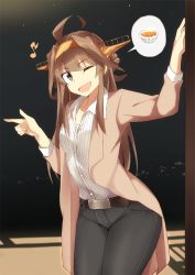 Rule 34 | 10s, 1girl, ;d, ahoge, alternate costume, belt, belt buckle, brown hair, buckle, commentary, denim, eyebrows, hair between eyes, headgear, jacket, jeans, kantai collection, kongou (kancolle), long hair, long sleeves, looking at viewer, musical note, night, night sky, one eye closed, open mouth, pants, pink jacket, pinstripe pattern, pointing, purple eyes, quaver, shigino sohuzi, shirt, sky, smile, solo, spoken food, striped, white shirt