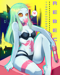 Rule 34 | 1girl, absurdres, black bra, black panties, blowing bubbles, bra, breasts, cameltoe, character name, chewing gum, cleavage, colored sclera, colored skin, copyright name, curvy, cyberpunk (series), cyberpunk edgerunners, fingernails, foot out of frame, green hair, grey skin, gun, hair down, handgun, heart, highres, holding, holding gun, holding weapon, kimouji, leg tattoo, long hair, looking at viewer, medium breasts, navel, neck tattoo, panties, rebecca (cyberpunk), red eyes, red sclera, shiny skin, sitting, solo, spoken heart, stomach tattoo, tattoo, thong, underwear, underwear only, weapon, wide hips, yellow background