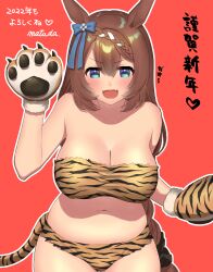 Rule 34 | 1girl, absurdres, animal ears, animal hands, animal print, artist name, bare shoulders, blue bow, blue eyes, blush, bow, braid, braided ponytail, breasts, chinese zodiac, cleavage, commentary request, cowboy shot, crop top, ear bow, fake tail, fangs, gloves, hair between eyes, happy new year, highres, horse ears, horse girl, horse tail, large breasts, long hair, looking at viewer, matuda (matudayazo), midriff, navel, new year, orange panties, panties, paw gloves, red background, simple background, smile, solo, super creek (umamusume), tail, tiger print, translation request, umamusume, underwear, v-shaped eyebrows, year of the tiger