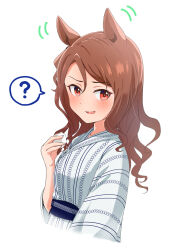 Rule 34 | 1girl, 2-kuchi kama, ?, brown eyes, brown hair, highres, horse girl, japanese clothes, kimono, king halo (umamusume), looking at viewer, solo, umamusume, white background, yukata