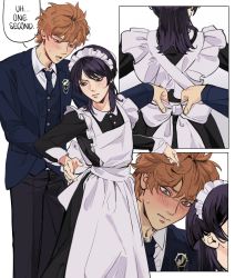 Rule 34 | 2boys, ahoge, alternate costume, apron, arms up, back, back bow, belt, black dress, black pants, blue eyes, blue jacket, blue necktie, blue vest, blush, bow, buttons, chain, closed mouth, collared dress, collared shirt, comic, commentary, dress, english commentary, english text, enmaided, fingernails, formal, from behind, genshin impact, gold, gold chain, gradient background, grey apron, grey background, grey belt, grey bow, hair between eyes, hands up, highres, jacket, jewelry, long sleeves, looking at another, looking back, looking down, maid, maid headdress, male focus, multiple boys, necktie, no headwear, open clothes, open jacket, open mouth, orange hair, pants, parted bangs, pocket, purple eyes, purple hair, scaramouche (genshin impact), shirt, short hair, simple background, sonagee, speech bubble, suit, sweat, sweatdrop, tartaglia (genshin impact), teeth, tongue, v-shaped eyebrows, vest, white background, white shirt, wing collar