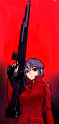 Rule 34 | 1girl, grey hair, gun, highres, metal akira, red background, red eyes, rifle, sniper rifle, solo, weapon