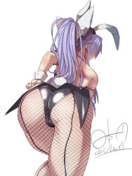 Rule 34 | 1girl, animal ears, ass, back, rabbit ears, rabbit tail, dated, fake animal ears, fishnet pantyhose, fishnets, from behind, highres, hinomoto madoka, leotard, long hair, nail polish, original, pantyhose, playboy bunny, ponytail, purple hair, signature, simple background, solo, tail, white background, wrist cuffs