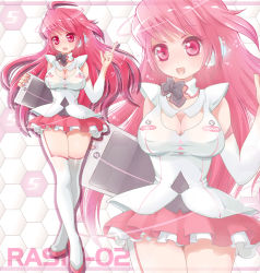 Rule 34 | 1girl, :d, ahoge, arms up, breasts, character name, cleavage, collar, detached collar, detached sleeves, elbow gloves, gloves, headset, large breasts, long hair, looking at viewer, nukemichi, open mouth, pink eyes, pink hair, pink skirt, rasis, skirt, smile, sound voltex, sound voltex ii infinite infection, standing, white collar, white footwear