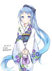 Rule 34 | 10s, 1girl, 2015, alternate costume, alternate hairstyle, bag, blue eyes, blue hair, dated, gradient hair, hair ornament, hair up, high ponytail, japanese clothes, kantai collection, kimono, long hair, looking at viewer, matching hair/eyes, multicolored hair, ponytail, pouch, ribbon, samidare (kancolle), simple background, smile, solo, standing, swept bangs, twitter username, v arms, very long hair, wataame27, white background, yukata