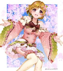 Rule 34 | 1girl, bare shoulders, bow, bowtie, brown hair, cherry blossoms, collarbone, commentary request, flower, hair flower, hair ornament, highres, koizumi hanayo, long sleeves, looking at viewer, love live!, love live! school idol project, nakano maru, open mouth, purple eyes, red bow, red bowtie, short hair, smile, solo, spread legs, thighhighs, twitter username, white thighhighs, wide sleeves, wide spread legs