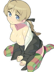Rule 34 | 00s, 1girl, ahoge, bare shoulders, blue eyes, bottomless, braid, breasts, brown hair, brown thighhighs, green thighhighs, inverted nipples, itsumo nokoru, looking at viewer, lynette bishop, medium breasts, multicolored clothes, multicolored legwear, nipples, open clothes, open shirt, shirt, simple background, single braid, sitting, solo, strike witches, striped clothes, striped thighhighs, sweater, thighhighs, white background, world witches series