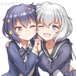 Rule 34 | 2girls, ;d, artist name, black neckwear, black sailor collar, blue eyes, blue hair, blush, bow, bowtie, cheek-to-cheek, closed mouth, hair between eyes, happy, heads together, holding hands, interlocked fingers, konno junko, long hair, long sleeves, looking at another, low twintails, mizuno ai, multiple girls, one eye closed, open mouth, plaid, plaid neckwear, red eyes, sailor collar, school uniform, short hair, simple background, smile, studiozombie, twintails, white background, yuri, zombie land saga